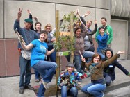 Group posing next to newly-planted street tree