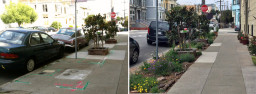 The 500 block of Broderick Street before and after the installation of sidewalk gardens