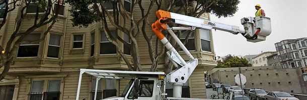 San Francisco Public Works crew member in a bucket lift to provide tree care